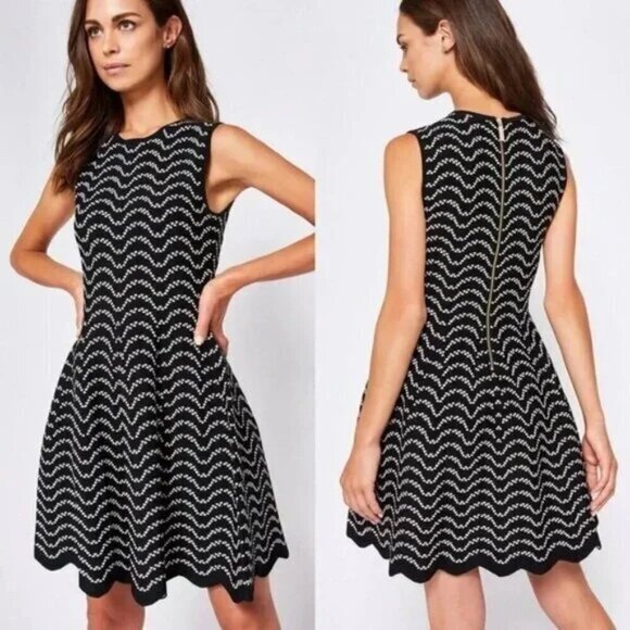 Ted Baker Bryena Fit & Flare Dress Size 4 US 8 Black Geometric Knit Event - Picture 1 of 10